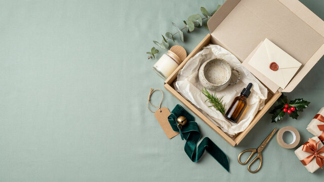 Unique Christmas Gift Ideas and Thoughtful Holiday Packaging with Kraft Gift Box, Handmade Candle, Ceramic Mug, Amber Bottle and Botanical Decorations on Sage Green Linen
