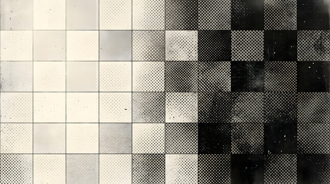 A grayscale checkerboard pattern transitions from light to dark shades displaying varying dot densities chessboard grid squares monochrome tonal