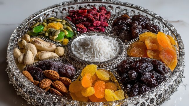 Overhead view of nine dried fruits and nuts arranged in pie segments on round transparent plate with white background