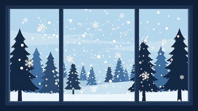 Winter landscape view through a window with snowy pine trees and falling snow vector illustration