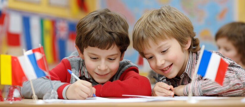 Diverse children drawing and learning about world flags in a bright classroom setting