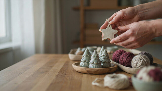 Handmade Christmas Ceramic Star Ornament Inspection with Artisan Hands and Decorative Holiday Trees in Wooden Trays on a Rustic Studio Workbench