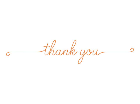 Thank you minimalist orange script lettering with long swash lines, thin handwritten calligraphy text on white background