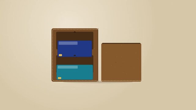 2D Animation of a Brown Leather Wallet Opening to Store Credit Cards and Paper Money in a Minimalist Style