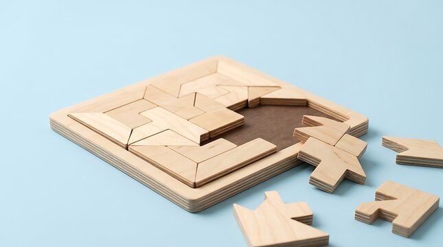 Wooden geometric brain teaser puzzle with missing pieces for problem solving and business solution concept
