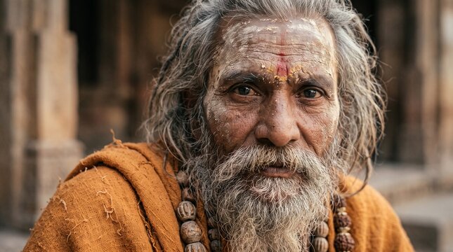 Elderly Hindu sadhu portrait with white beard and forehead tilak