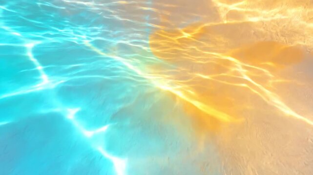 Sunlight caustics creating glowing ripples across turquoise pool water over golden sand