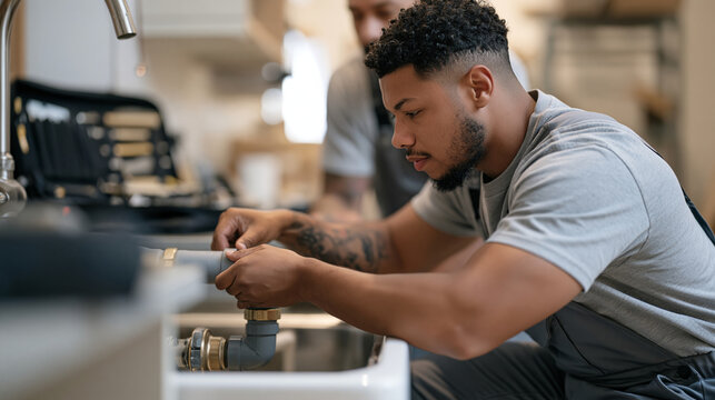 A newly qualified plumber experiencing the first day at a professional maintenance company, accompanying a senior technician to inspect pipework beneath a kitchen sink, organized