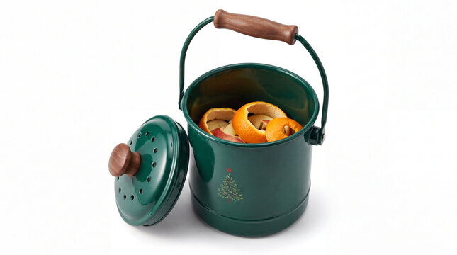 Kitchen compost caddy with fruit peel isolated on white background.