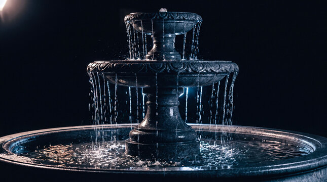 Ornate stone tiered fountain with cascading water streams in dark night environment architectural garden ornament water feature decorative exterior landscape design.