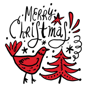 Playful Scandinavian-style Christmas doodle showing bold hand-lettered Merry Christmas greeting beside cheerful red bird, patterned fir tree with scattered stars dots swirls and exclamation marks