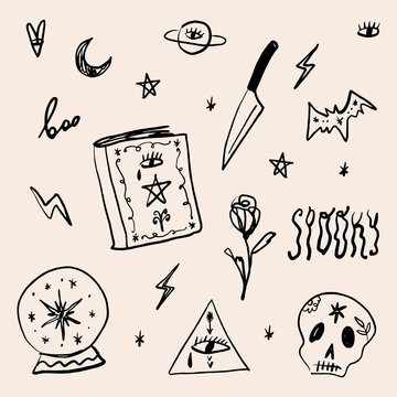 Vector doodle vintage childish Scandinavian style collection of witchcraft cartoon elements, magic shop for witches concept, wizard symbols set. Hand drawn fairy tale elements. Spell book, knife, rose