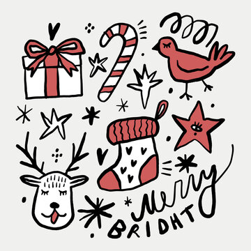 Hand-drawn Christmas illustration featuring a wrapped gift with red bow, striped candy cane, cheerful red bird, patterned holiday stocking with hearts, playful reindeer face sticking out tongue