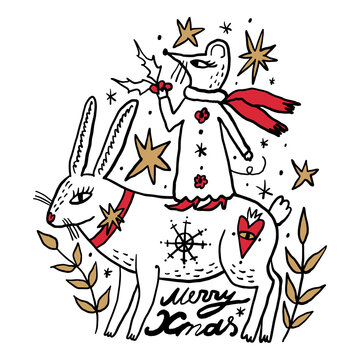 Scandinavian Christmas illustration, portrays mouse in coat scarf riding white rabbit decorated with stars heart holly leaves amid golden accents Merry Xmas lettering on pure white background 