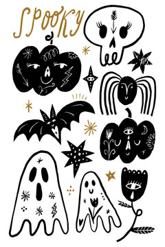 Spooky Halloween doodle collection featuring cute ghosts, decorative pumpkins, a creepy skull, flying bat, spider, mystical eyes, botanical elements, and whimsical stars. Hand drawn black and white