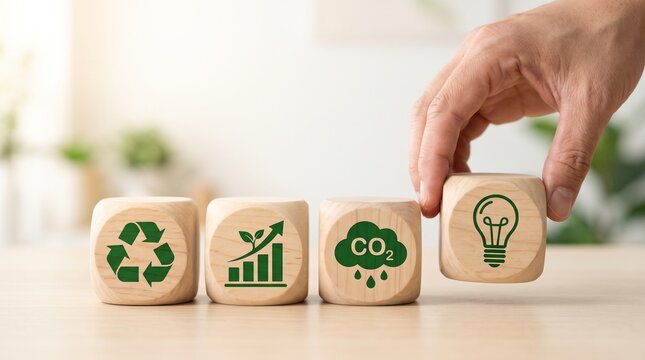 Hand placing a wooden block with an energy saving lightbulb symbol into a row of sustainable development concepts blocks eco friendly green climate acti