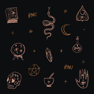 Mysterious hand-drawn illustration collection featuring a crystal ball, coiled serpent, crescent moon, tarot grimoire, mystical potion bottle, quartz crystal, pentagram, skull, ritual chalice