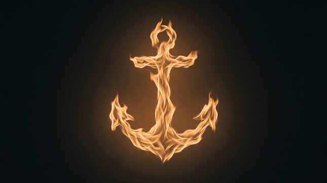 Fire shaped like a ship anchor with curved flukes and a ring at the top, cozy glowing flames on a black background