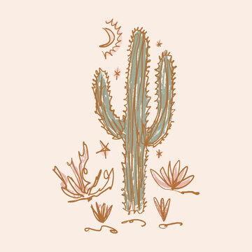 Wild boho abstract cactus. Desert Arizona moonchild minimalist vintage brush clipart. Mexico culture. Harmony and zen. Night scene magic concept. Vector illustration poster.