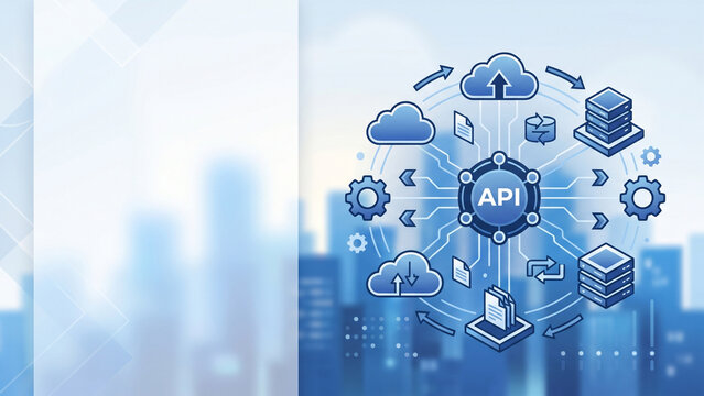 API data flow integration diagram concept connected to cloud servers and database nodes