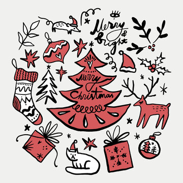 Charming Scandinavian-inspired Christmas doodle featuring oversized red pine tree with Merry Christmas script, patterned stocking, gift boxes, standing reindeer, seated cat and mouse wearing Santa