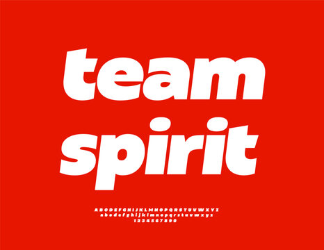 Vector bright template Team Spirit. Typography White Dynamic Font. Digital set of Bright Trendy Alphabet Letters and Numbers set.