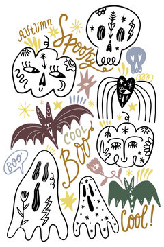 Hand-drawn whimsical Halloween illustration featuring cartoon pumpkins with expressive faces, grinning skulls, flying bats, friendly ghosts, decorative stars, lightning bolts, floral accents