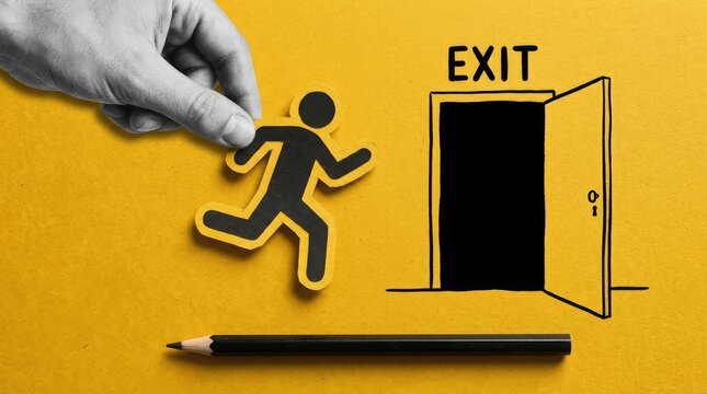 Human hand placing cutout paper figure running toward open door with exit sign overhead