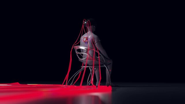 Futuristic humanoid robot connected with red cables, representing the concept of artificial intelligence, machine learning and singularity. 3d animation