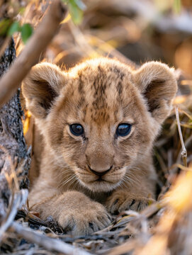 adorable baby lion cub hiding in golden grass and twigs with curious blue eyes and soft fur during a sunny safari wildlife adventure in the wild african savannah nature reserve