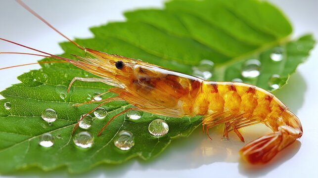 Fresh shrimp on a vibrant green leaf (1)
