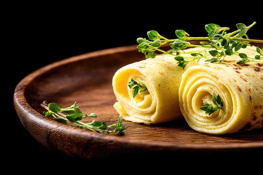 Golden-yellow, rolled crepes on a wooden plate, garnished with fresh thyme