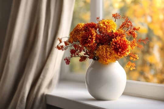 Autumnal bouquet in a white vase by a window (1)