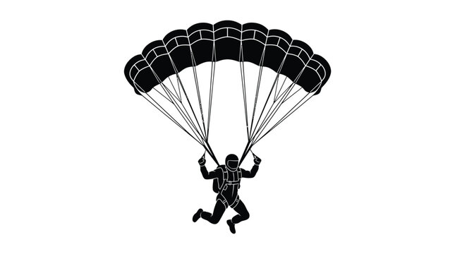 Skydiver gracefully descending with open parachute in minimalist black vector illustration style against plain white backdrop
