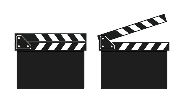 Open and closed black and white director clapboard icon vectors set isolated on clean white background