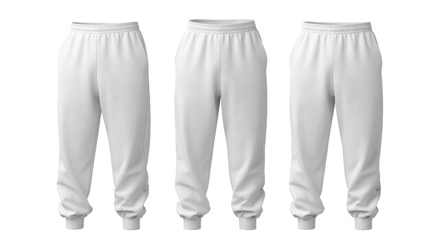 Trouser pant mockup shown in three front views on a transparent background for garment design use