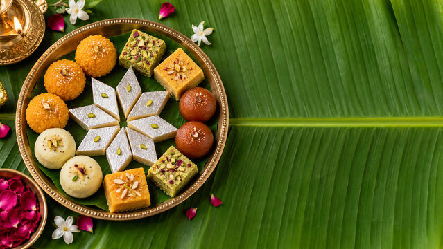 Assorted Indian sweets kaju katli laddoo and burfi on banana leaf