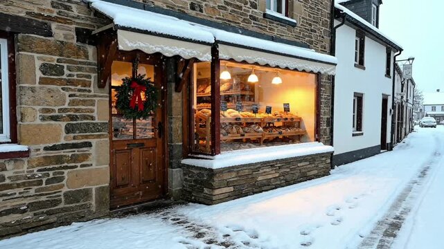 Traditional stone bakery storefront decorated with a Christmas wreath and warm golden light illuminating fresh bread on a snowy winter day in a village.