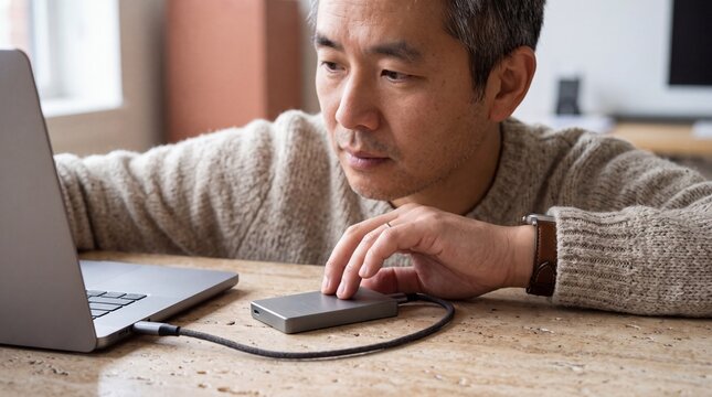 Middle aged Asian man wearing a sweater transferring data from an external hard drive connected to a laptop on a wooden desk