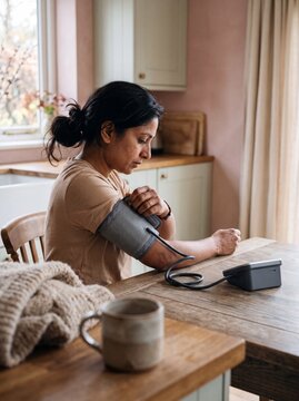 Middle aged woman sitting at a wooden kitchen table checking her blood pressure using a digital monitor cuff on her arm for routine health tracking at home