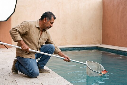Mature Hispanic man kneeling by the edge of a swimming pool and using a long telescopic skimmer net to remove a fallen leaf from the water