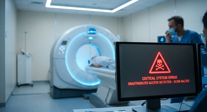 Hospital CT scanner showing critical system error warning on computer screen during patient scan