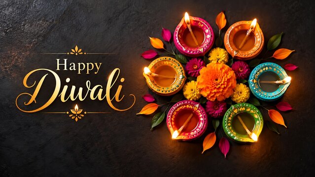 Festive diwali flat lay composition featuring colorful painted diyas and vibrant flowers arranged around a happy diwali greeting