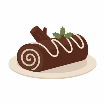 Chocolate christmas yule log cake. Traditional holiday dessert vector illustration