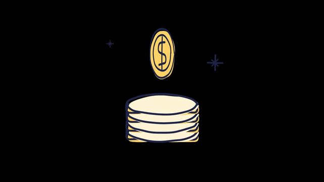 Minimalist digital illustration of a golden coin falling onto a stack of coins.