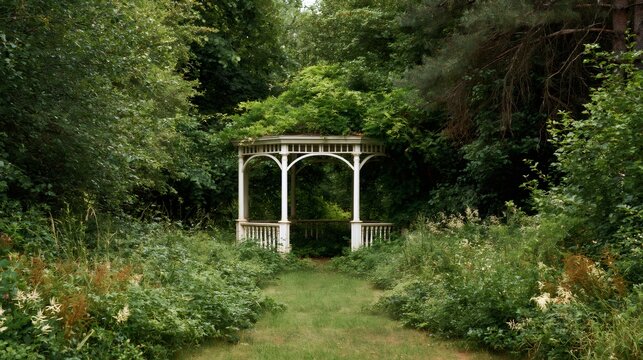 White garden gazebo framed by dense woodland foliage