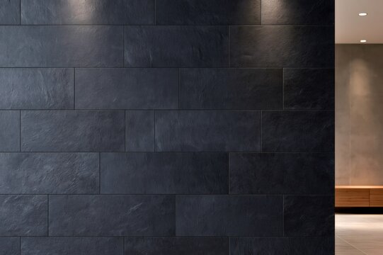 Dark stone tile wall creating a textured architectural backdrop in a modern interior