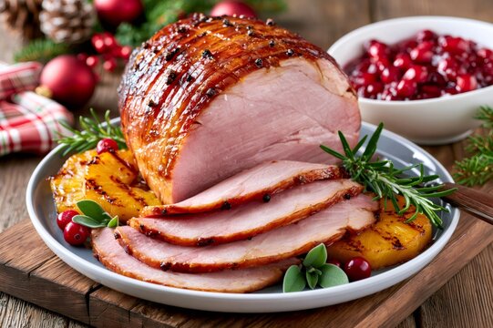 Glazed holiday ham with pineapple and cranberry garnish