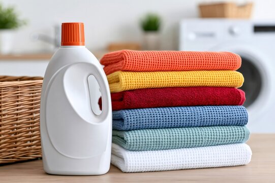 Laundry detergent and colorful folded towels beside a washer