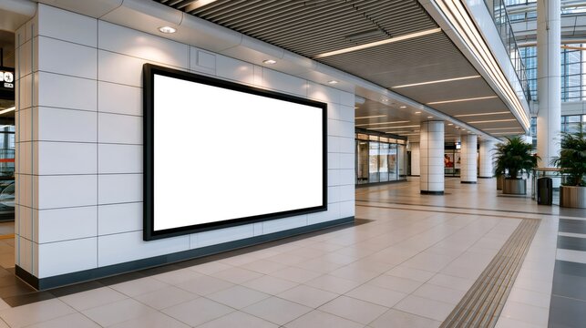 Blank advertising billboard in a modern transit terminal corridor